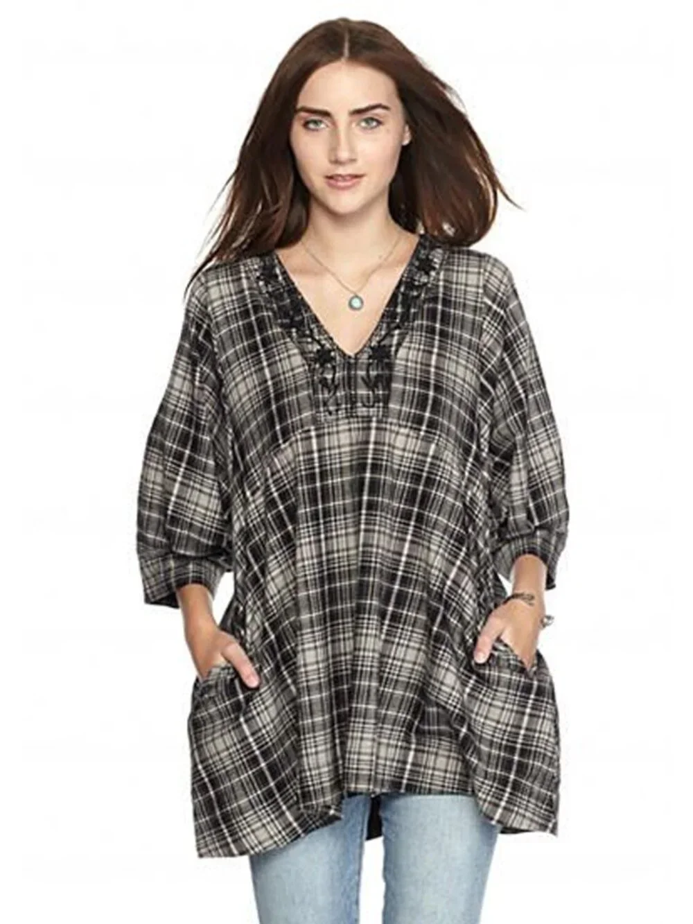 Free People Sammy Jo Plaid Tunic in Black Combo - sz Small
